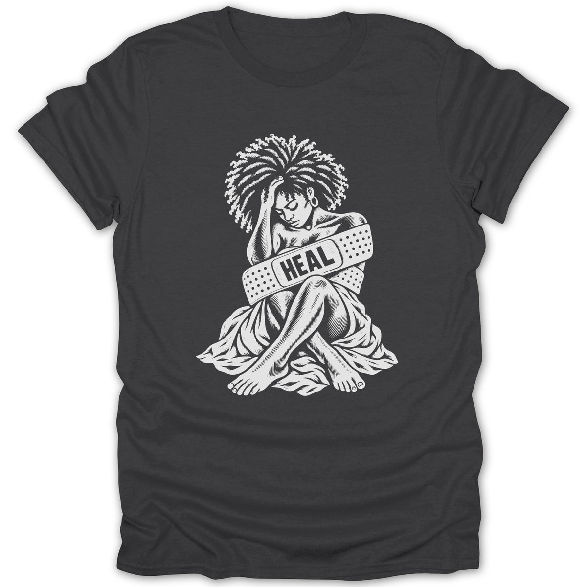 White graphic of woman with afro, wrapped in bandages with "HEAL" text.