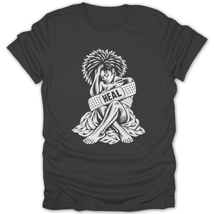 White graphic of woman with afro, wrapped in bandages with "HEAL" text.