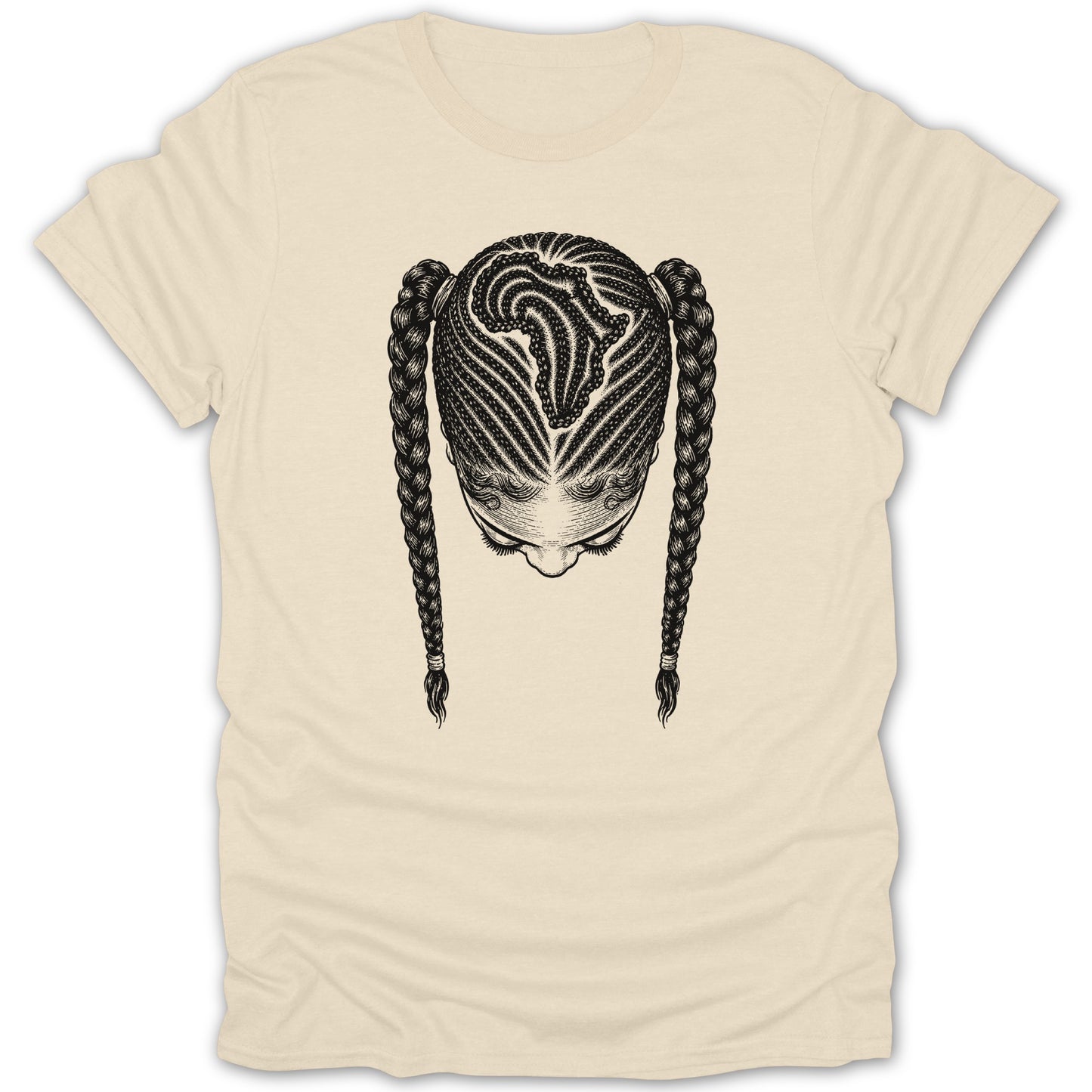 T-shirt featuring a black and white illustration of a woman's braided hair.