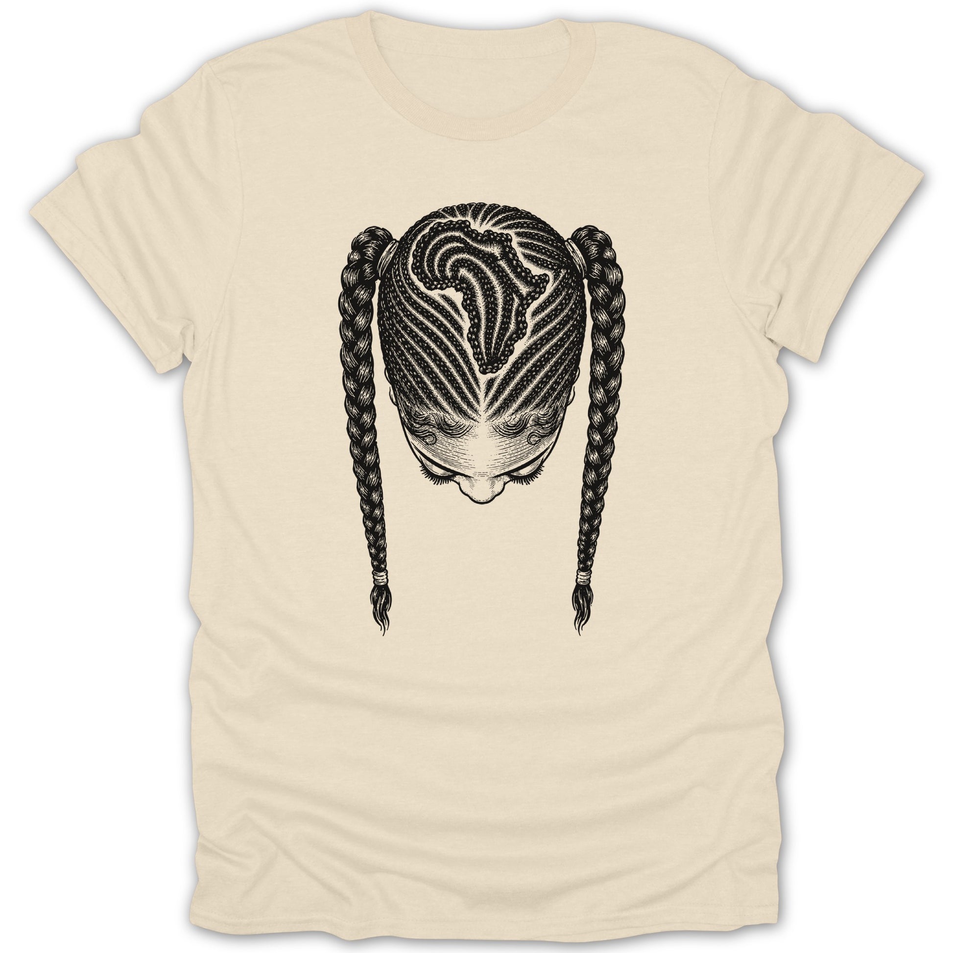 T-shirt featuring a black and white illustration of a woman's braided hair.