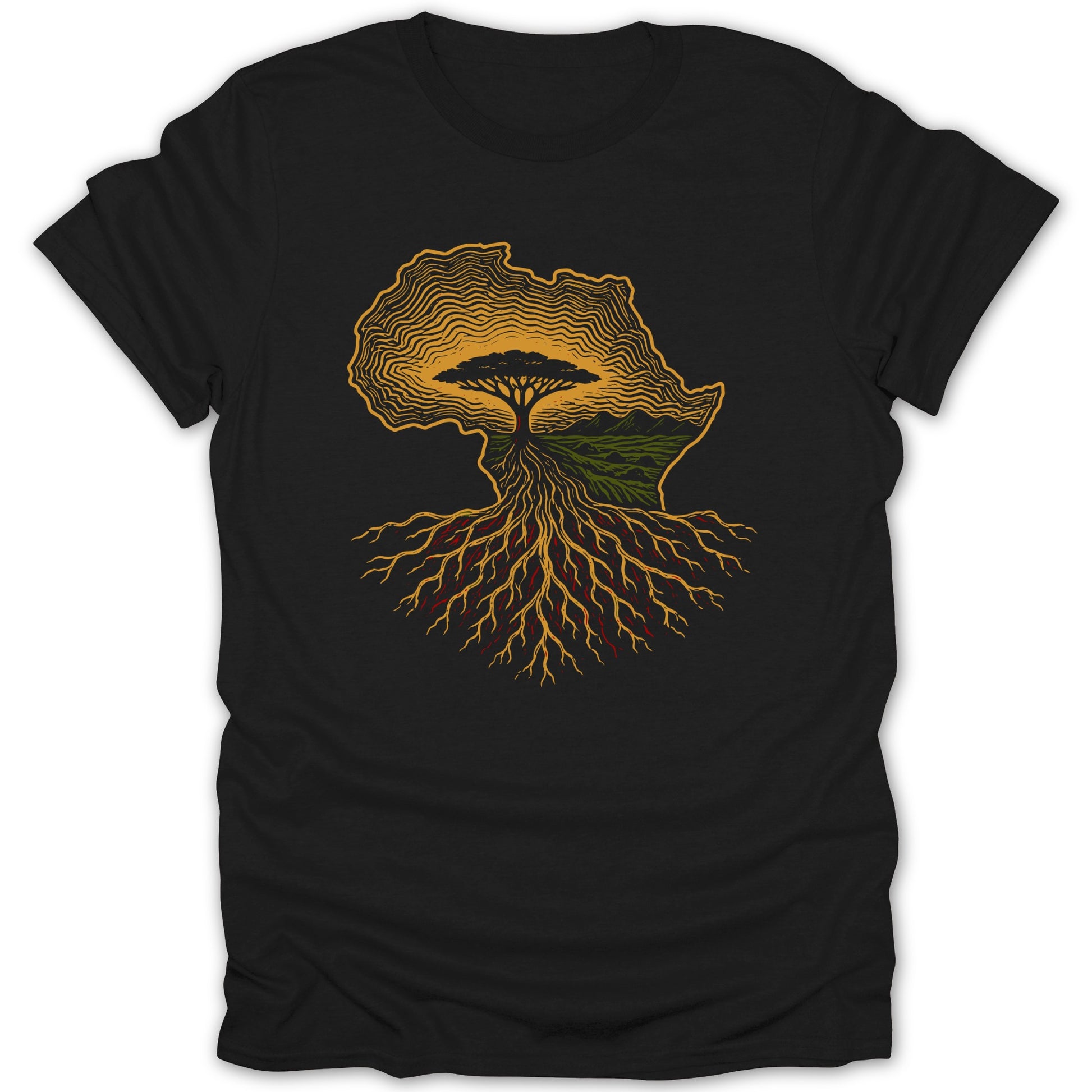Black t-shirt with a stylized outline of Africa featuring a tree and roots.