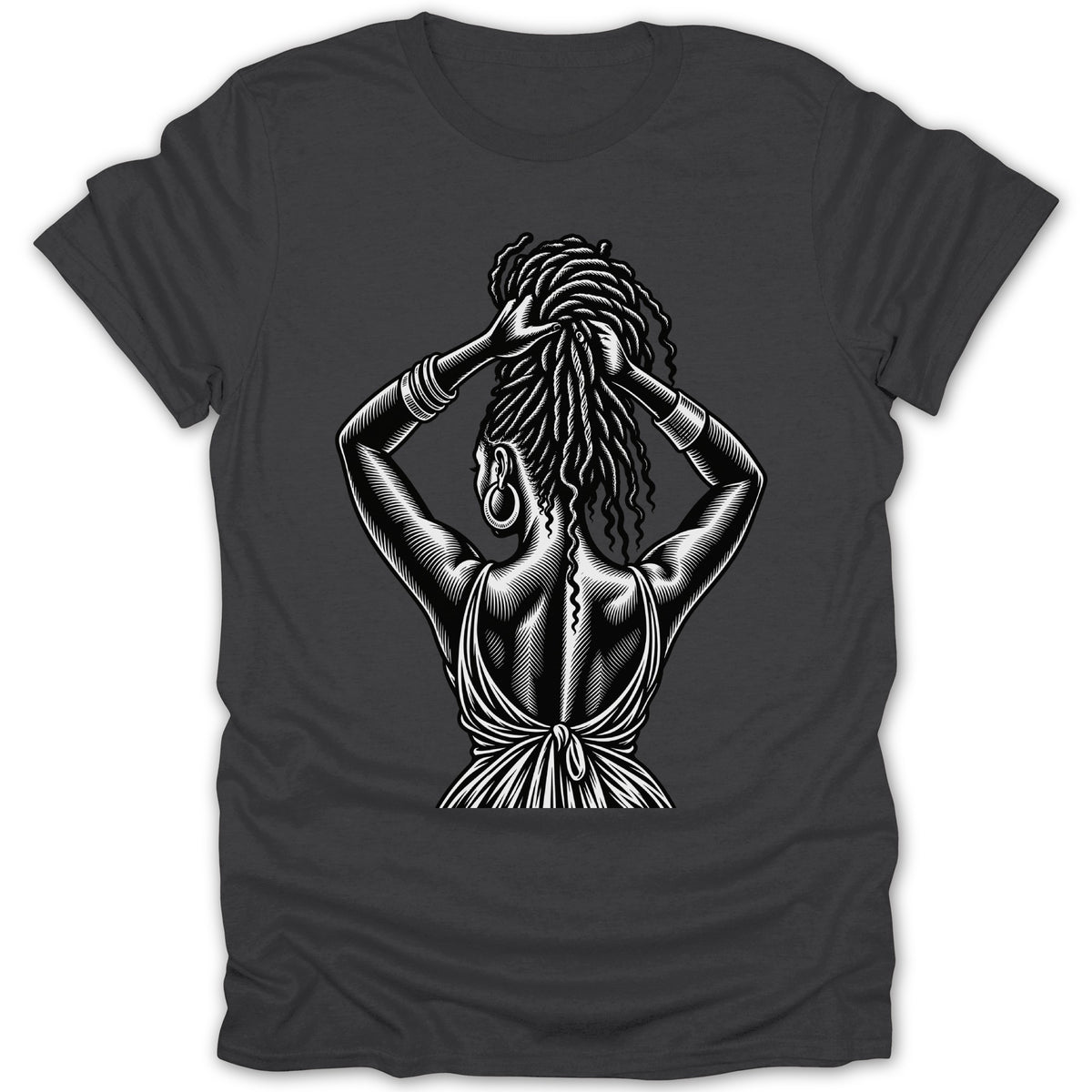Black and white graphic of a woman with dreadlocks tying her hair.