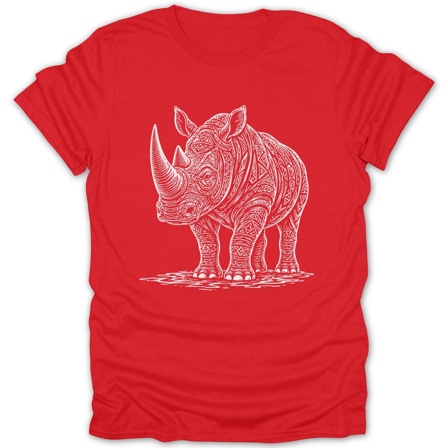 Red t-shirt with white abstract rhinoceros design.