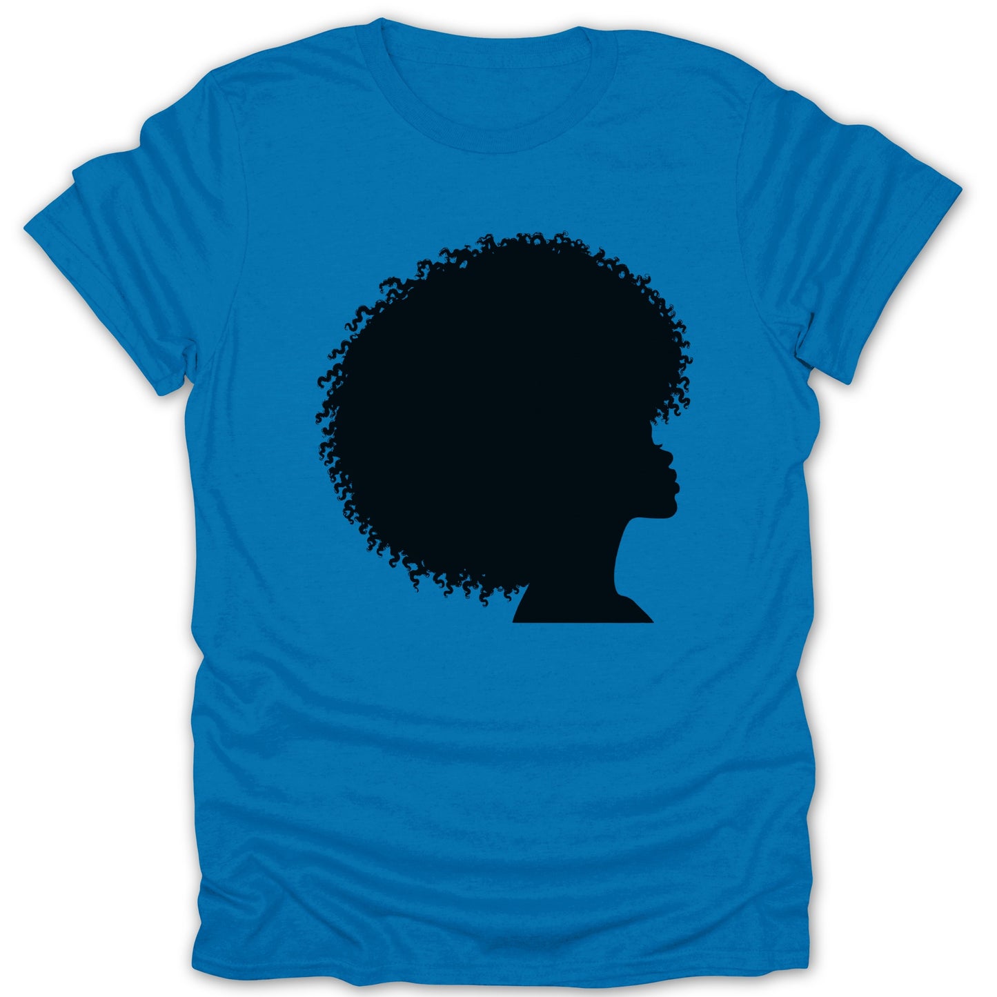 Blue t-shirt with black silhouette of a woman's profile and afro.