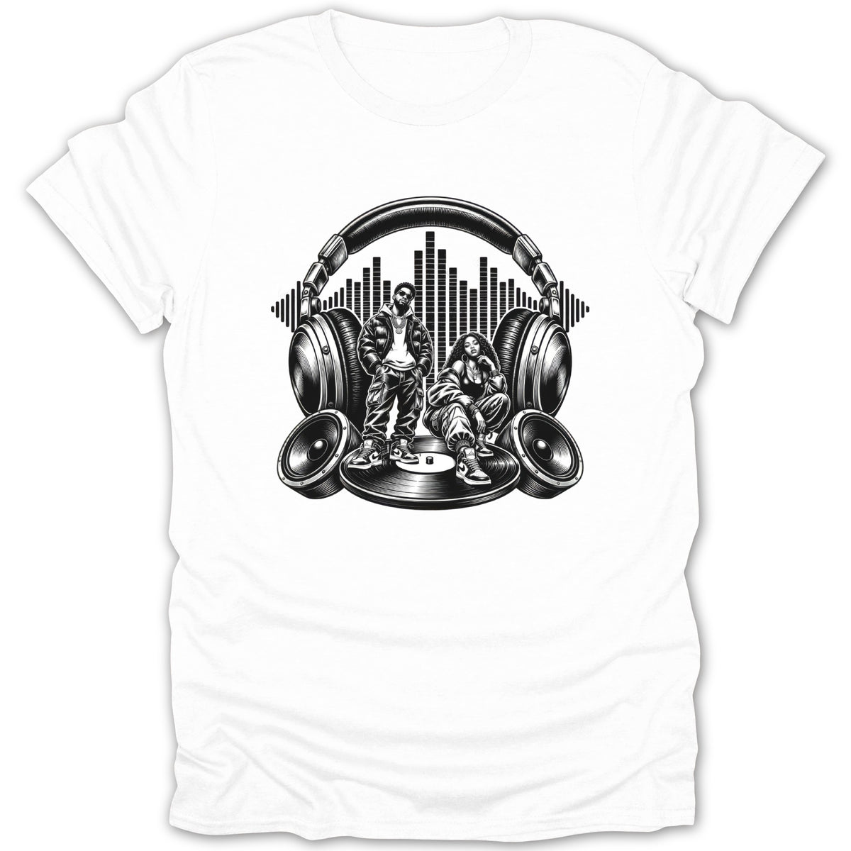 Black and white graphic of two people, headphones, speakers, and equalizer on a vinyl record.