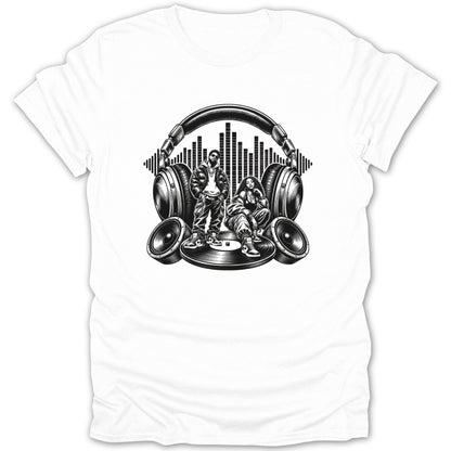 Black and white graphic of two people, headphones, speakers, and equalizer on a vinyl record.