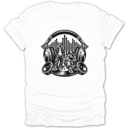 Black and white graphic of two people, headphones, speakers, and equalizer on a vinyl record.