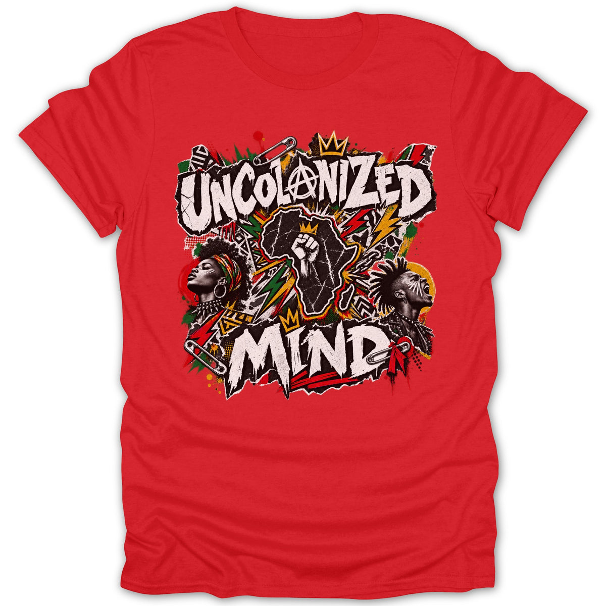 Red t-shirt with "Uncolonized Mind" text and African imagery.