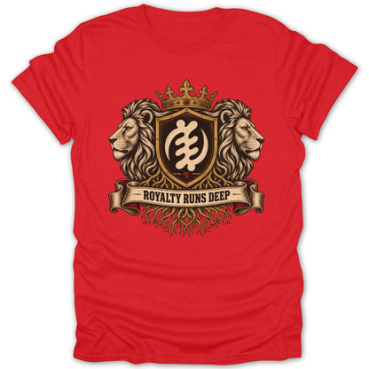 Red t-shirt with crest featuring two lions, crown, Gye Nyame symbol, and banner with "ROYALTY RUNS DEEP."