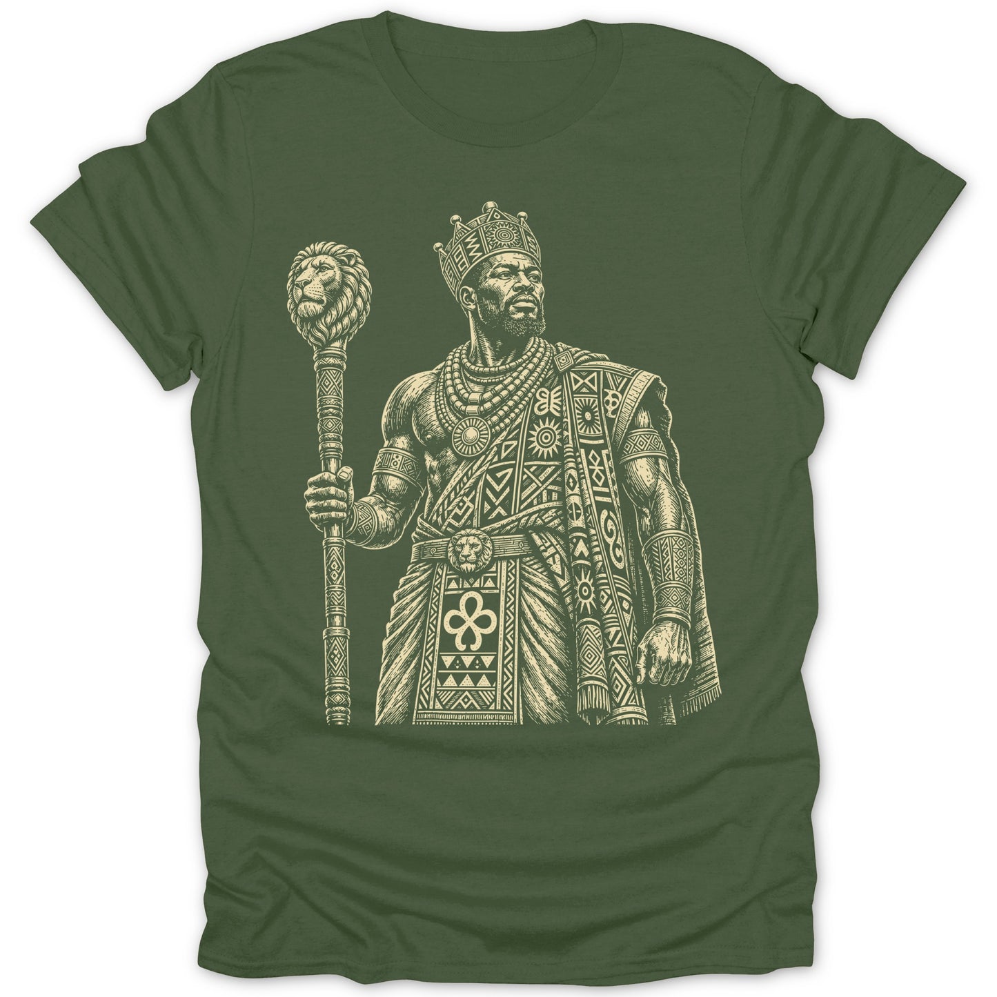 King holding a staff with lion head, wearing crown and patterned robes.