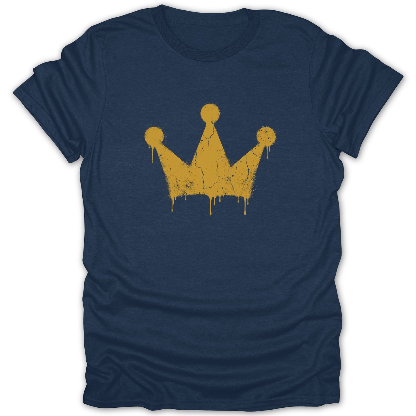 Navy t-shirt with a cracked gold crown graphic featuring dripping paint.