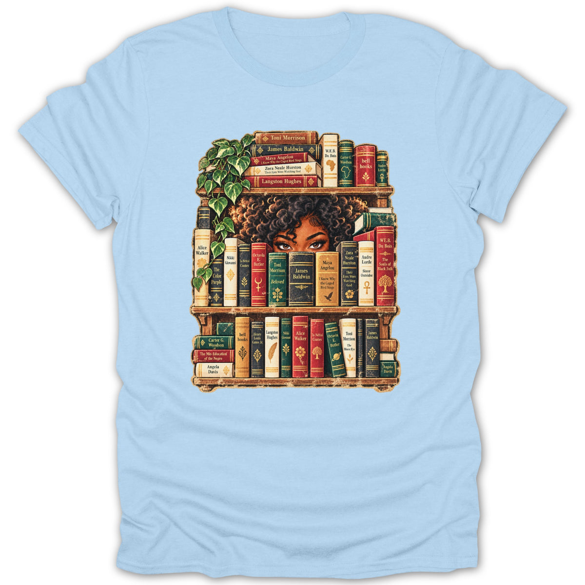 Black woman's eyes peek from behind a bookshelf of classic literature.