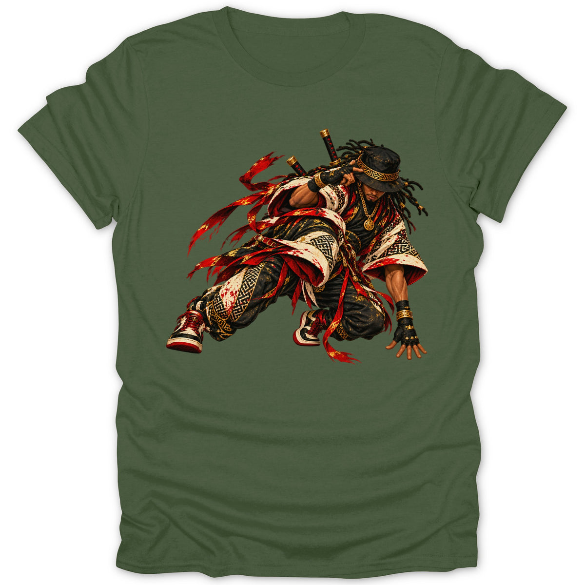 Samurai warrior in dynamic pose with swords and traditional Japanese patterned attire.