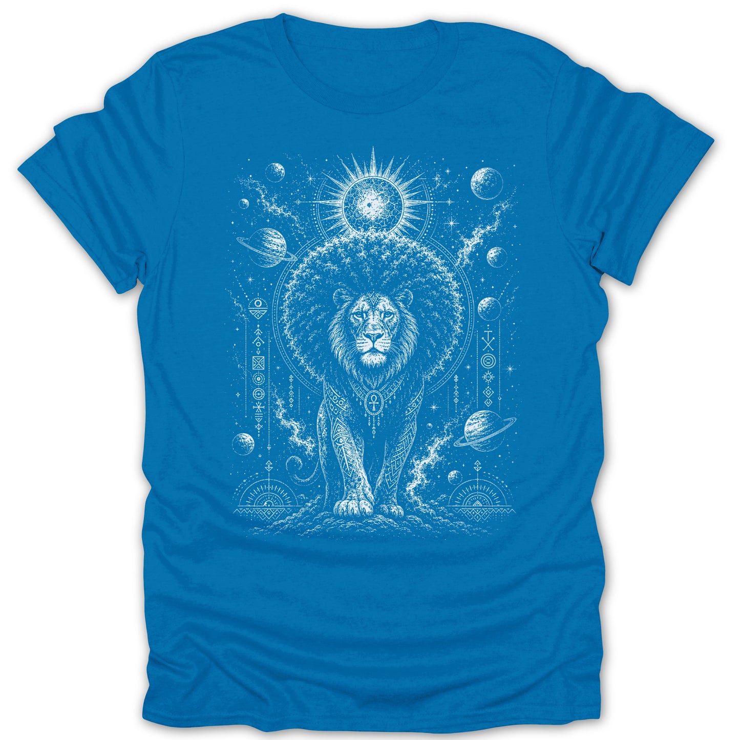 White lion with sun and celestial bodies graphic on a blue t-shirt.