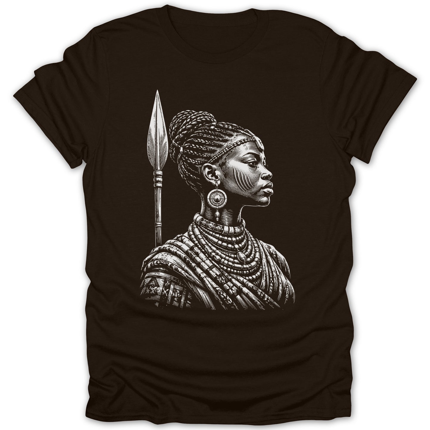 T-shirt with a black and white drawing of a woman with a spear.