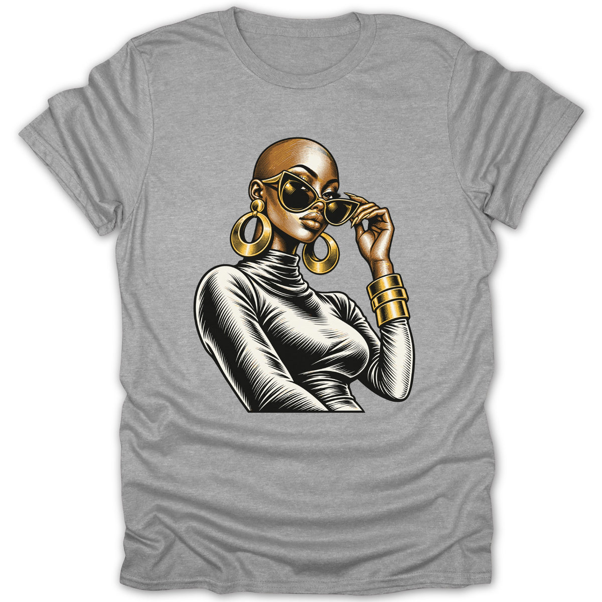 Bald woman with large gold hoop earrings and sunglasses on grey t-shirt.