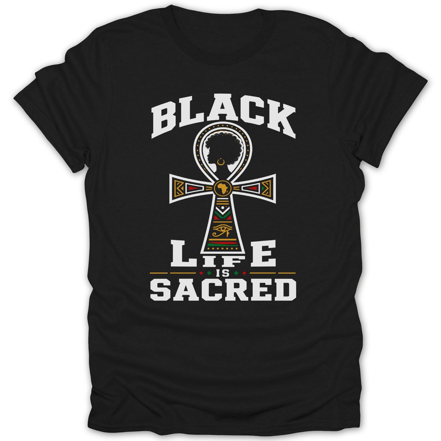Black ankh symbol with "BLACK LIFE IS SACRED" text on black t-shirt.