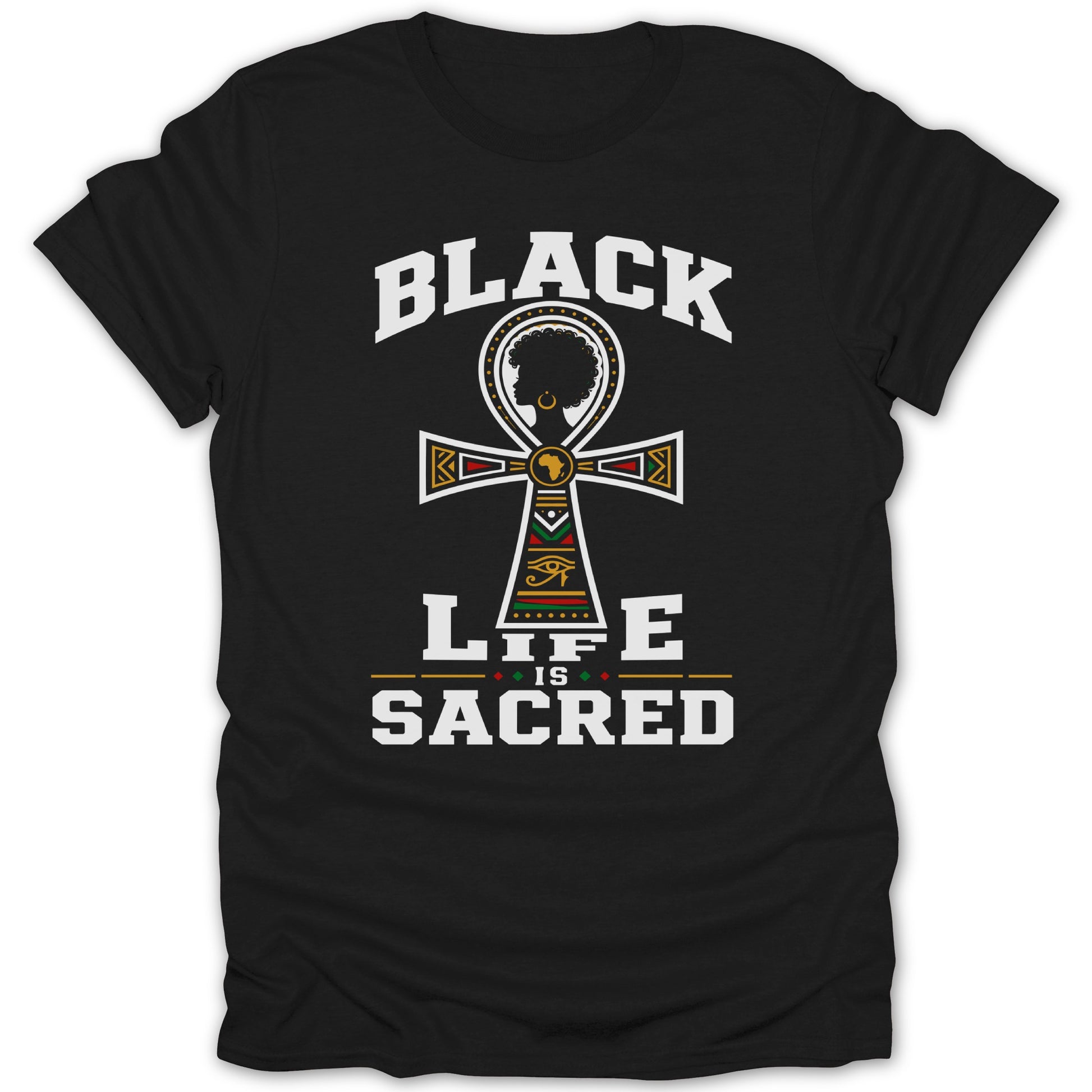 Black ankh symbol with "BLACK LIFE IS SACRED" text on black t-shirt.