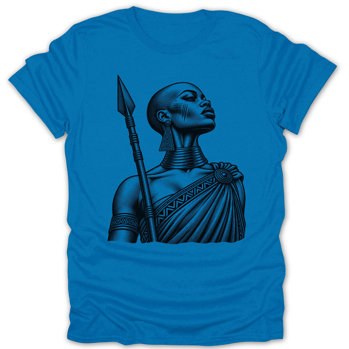 T-shirt with a black graphic of a bald woman holding a spear.
