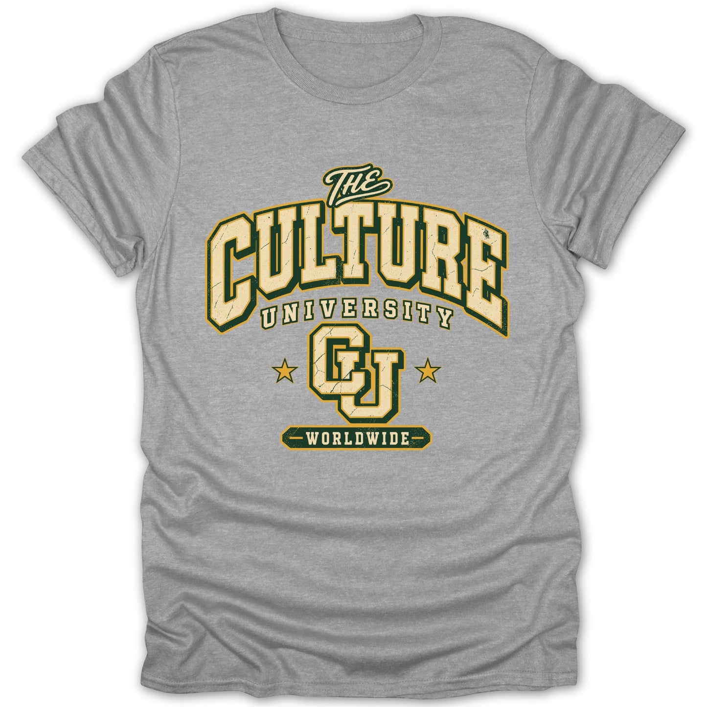 Grey t-shirt with "The Culture University" and "CJ Worldwide" graphics.