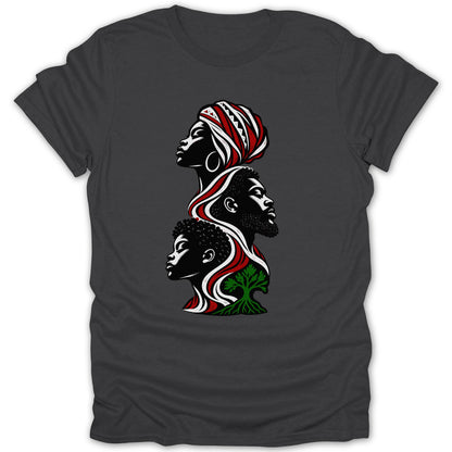 Stylized Black family tree graphic with red, white, and green accents.