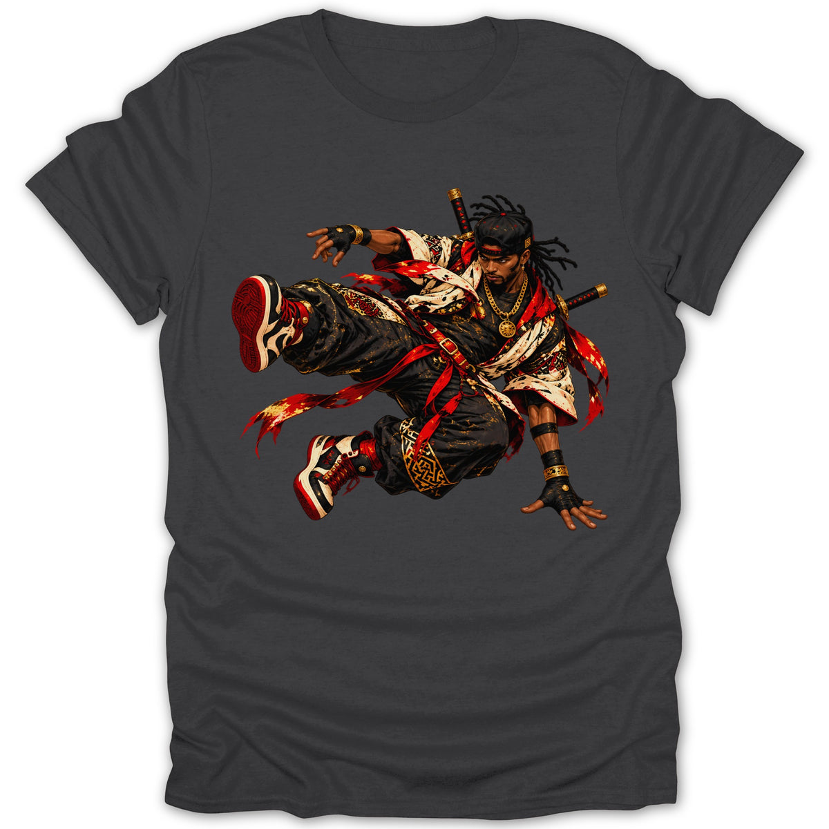 Illustration of a jumping samurai-inspired character in dynamic pose with swords.