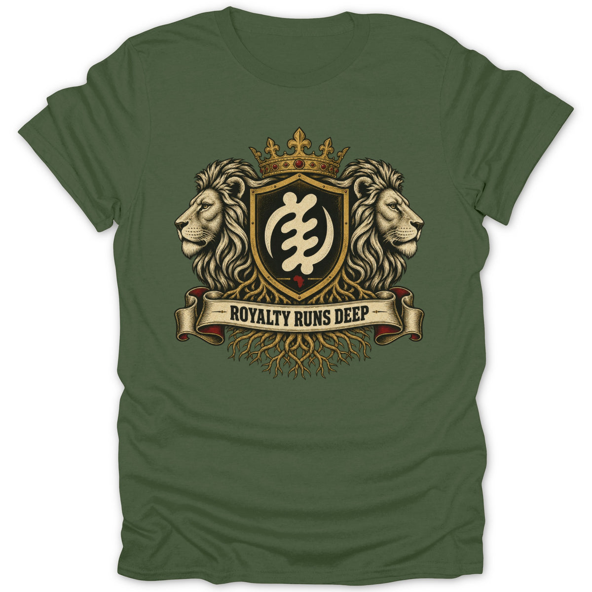 Green t-shirt with lions, crown, and "Royalty Runs Deep" text.