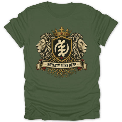 Green t-shirt with lions, crown, and "Royalty Runs Deep" text.