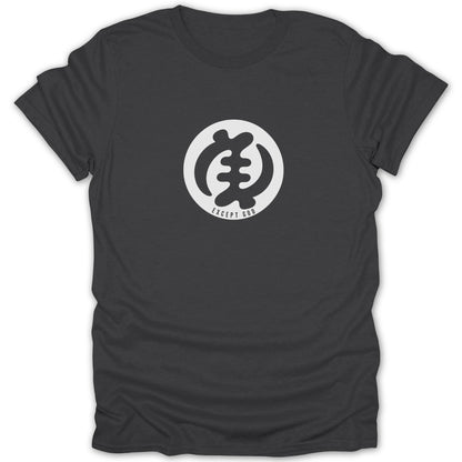 A dark gray crewneck t-shirt featuring a white circular logo with the Gye Nyame symbol and text "EXCEPT GOD".