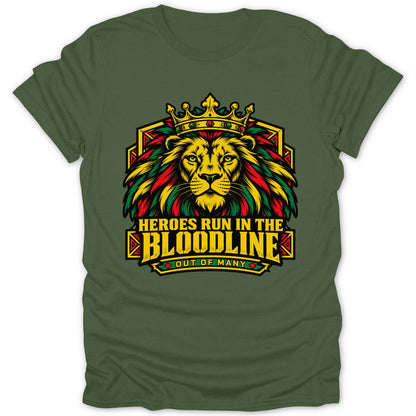 Green t-shirt with a crowned lion and text "HEROES RUN IN THE BLOODLINE OUT OF MANY".