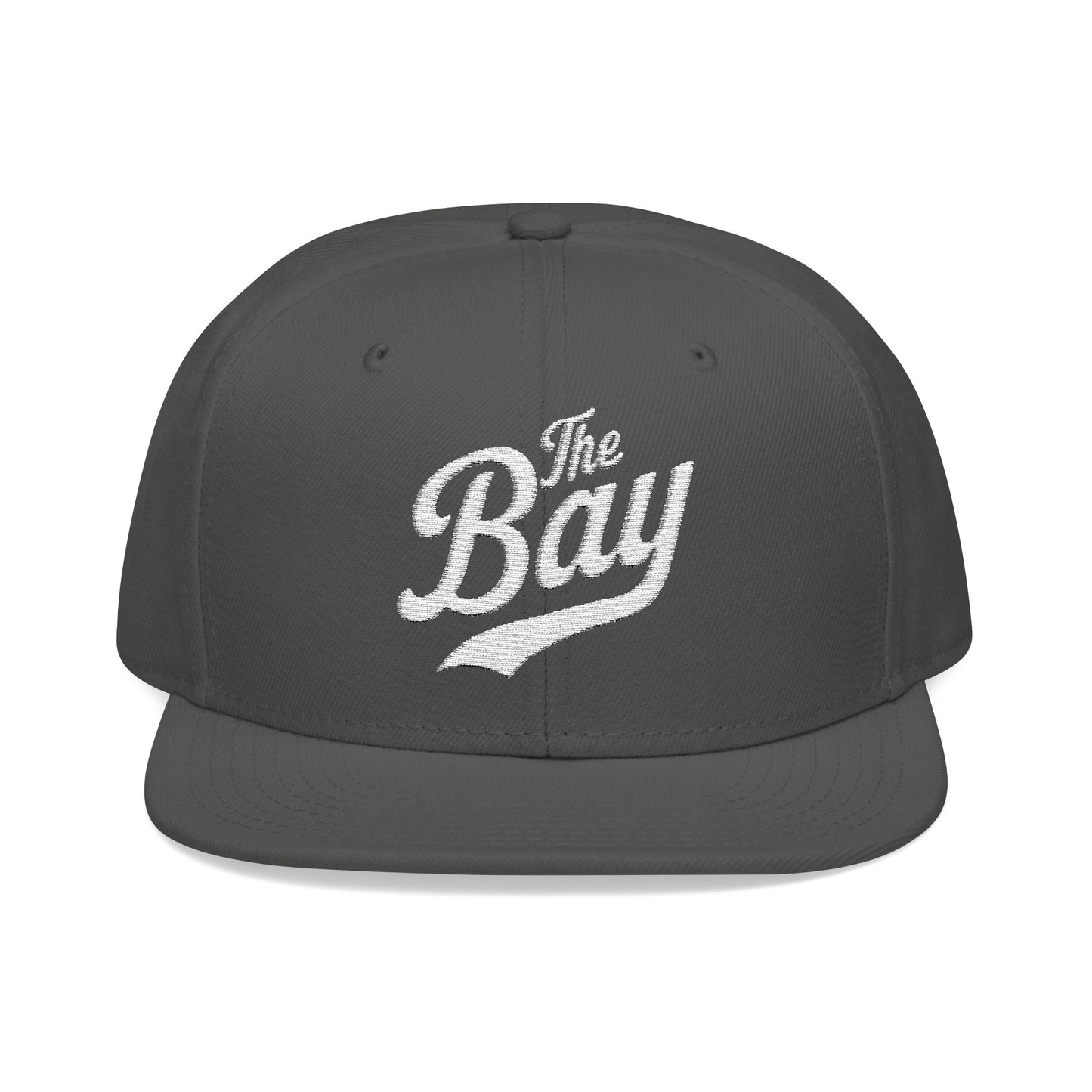 Charcoal snapback hat with white embroidered "The Bay" text.