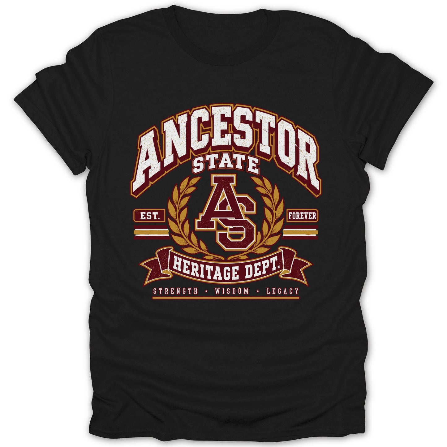 Black t-shirt with "Ancestor State Heritage Dept." text and AS logo.