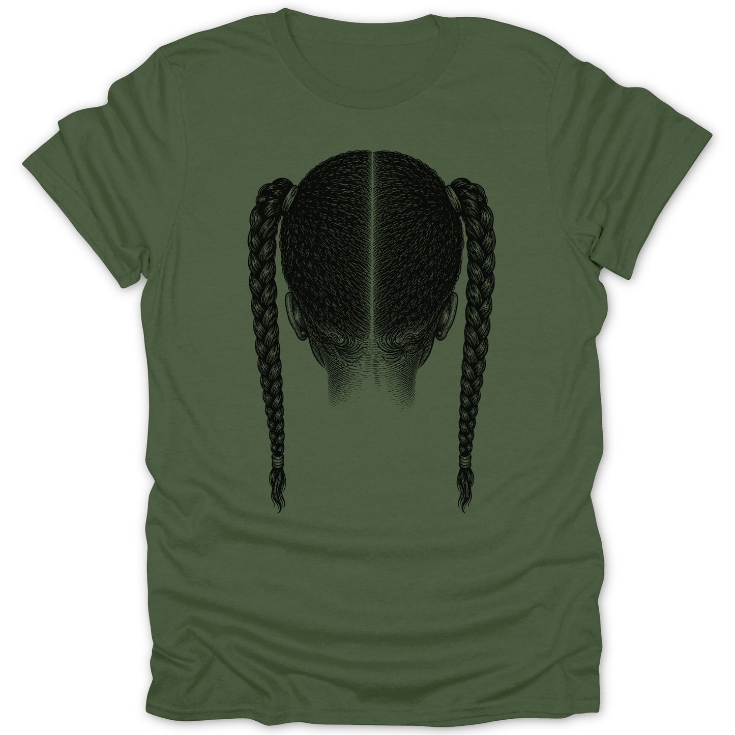 T-shirt with a black illustration of a person's head from behind with two braids.