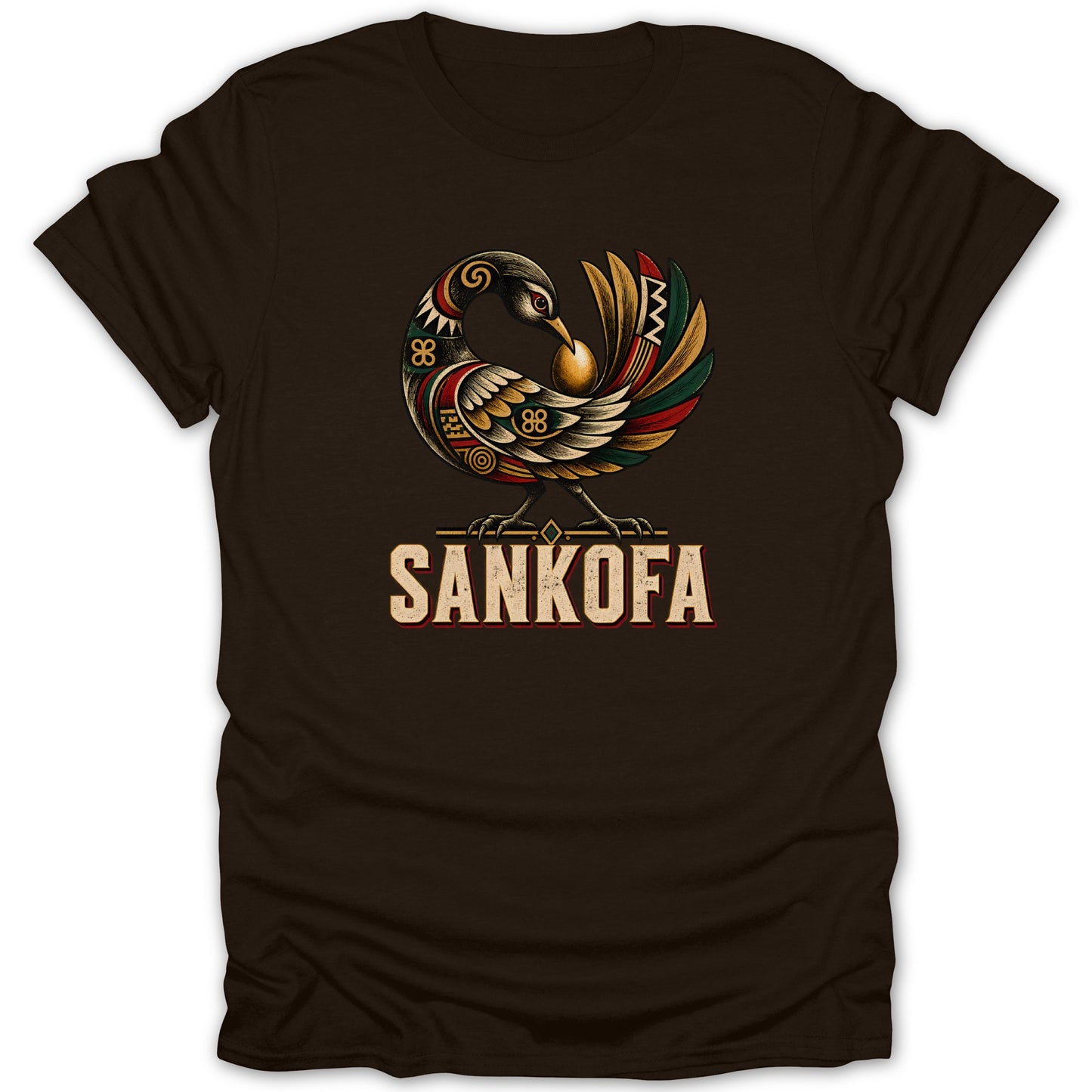 Brown t-shirt with colorful Sankofa bird graphic and text.