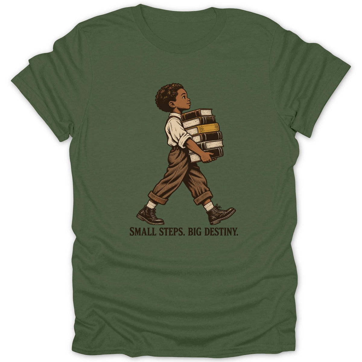 Illustration of a child carrying books with text "SMALL STEPS. BIG DESTINY."