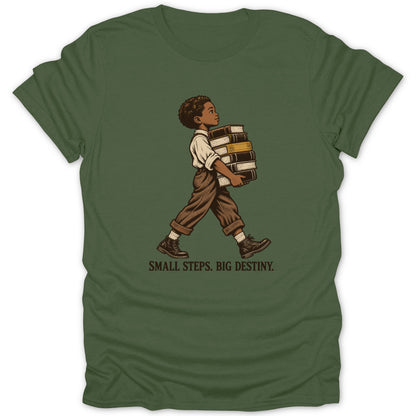 Illustration of a child carrying books with text "SMALL STEPS. BIG DESTINY."