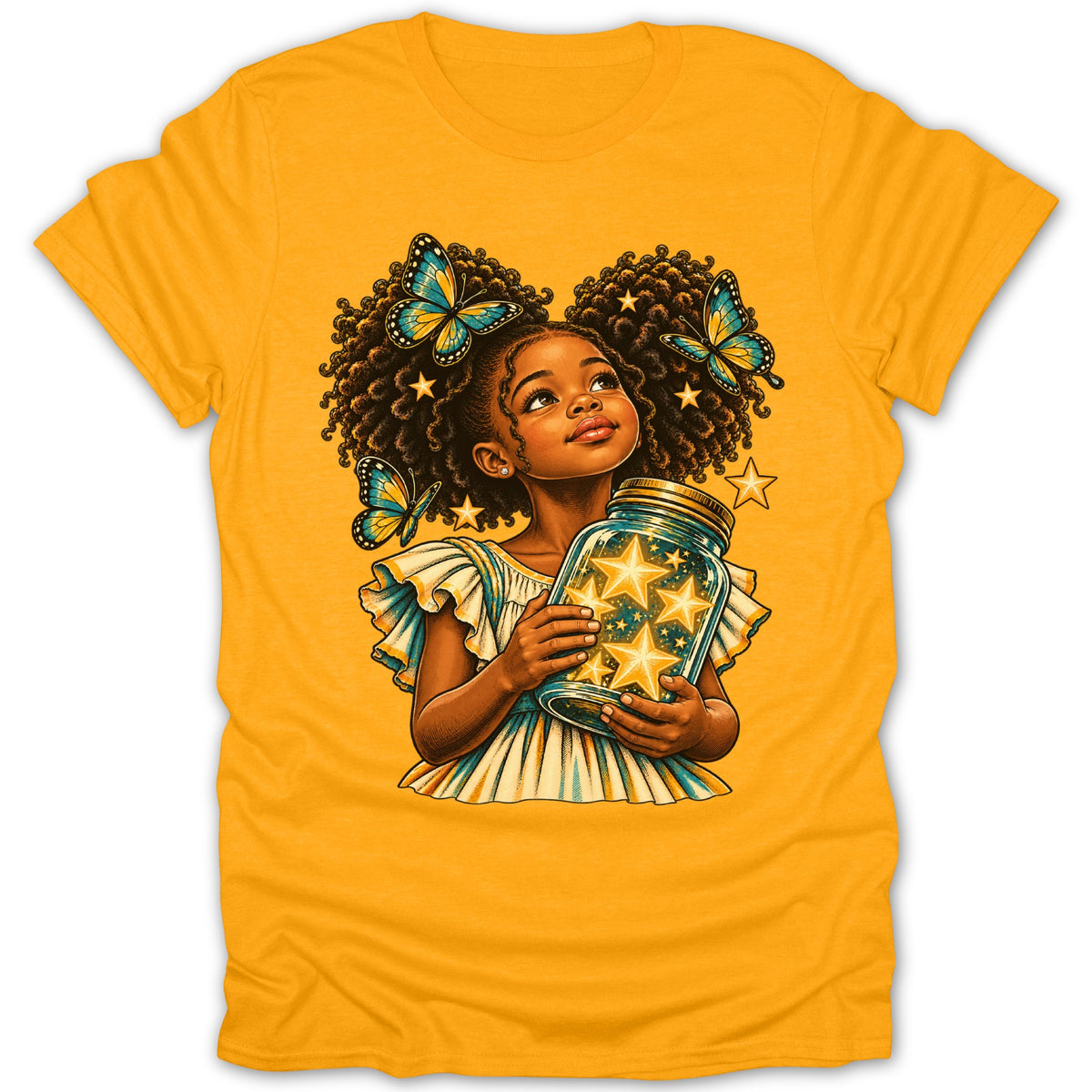 Girl holding jar of stars with butterflies and stars in her hair.