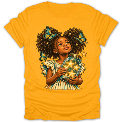 Girl holding jar of stars with butterflies and stars in her hair.