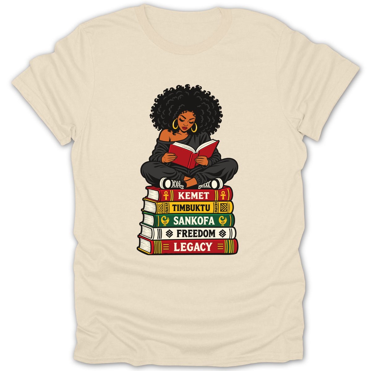 Woman reading on stack of books: Kemet, Timbuktu, Sankofa, Freedom, Legacy.