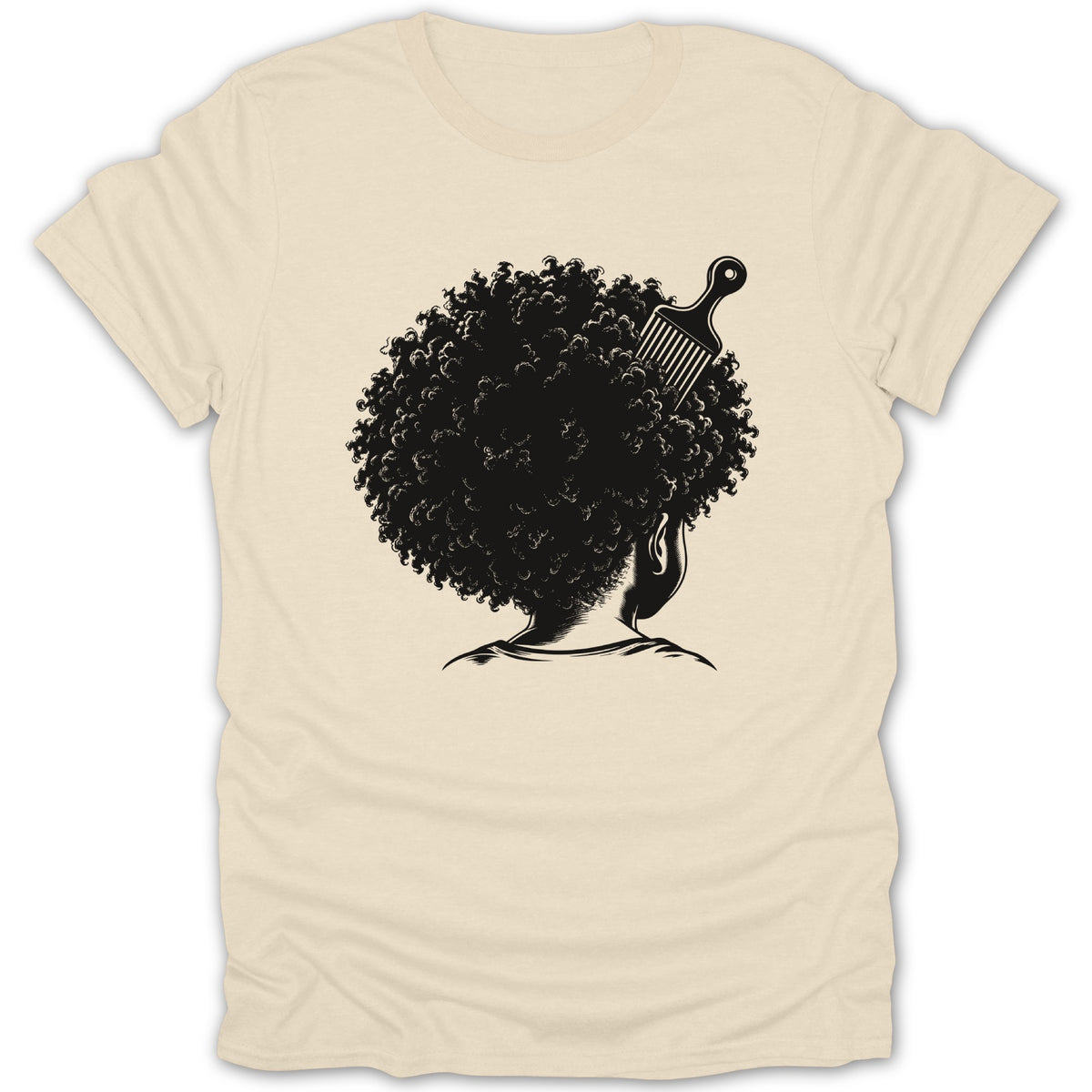 Black afro hair with a comb on a cream t-shirt.