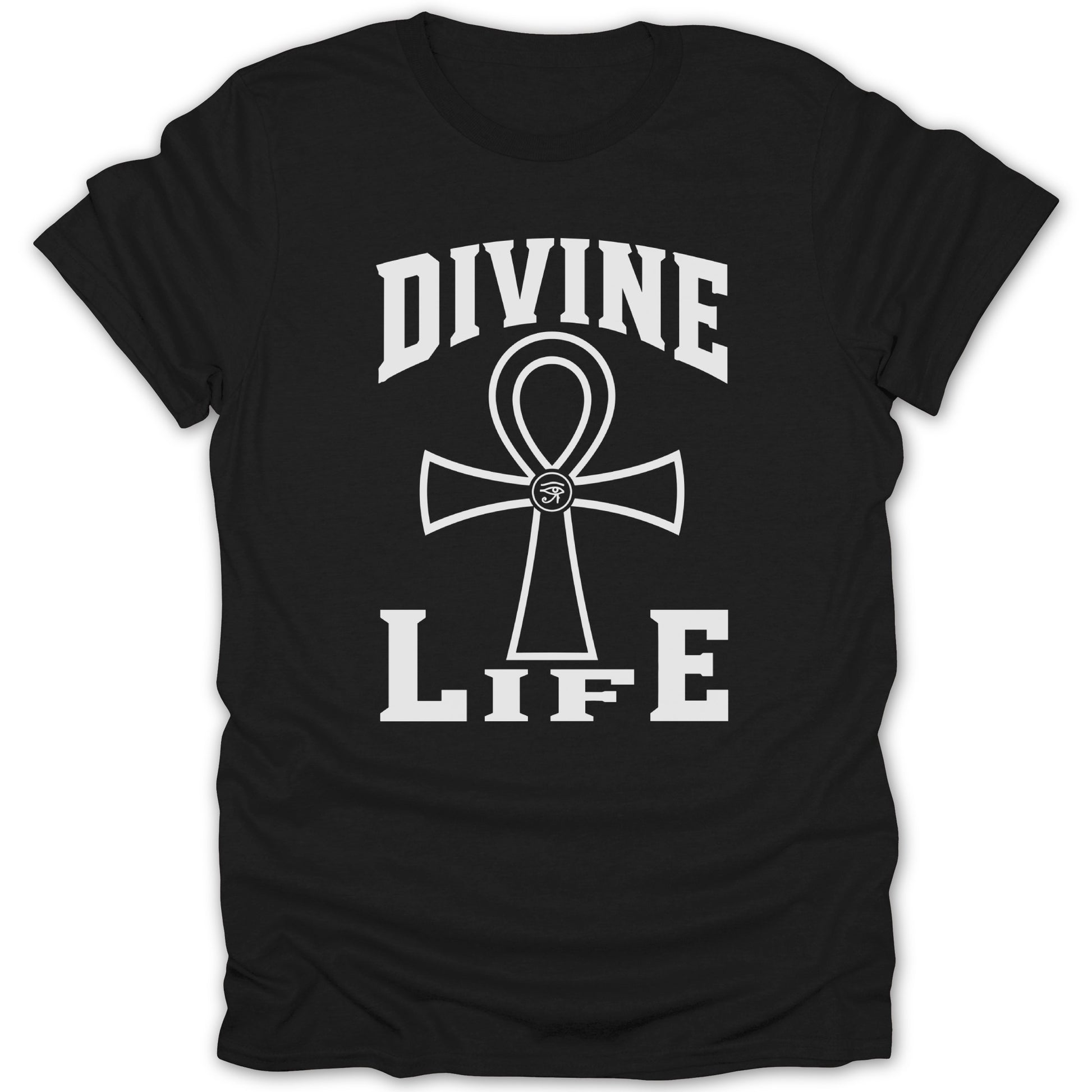 Black t-shirt with white "DIVINE LIFE" text and an ankh symbol.