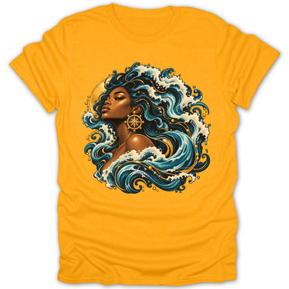 Woman with dark hair styled as ocean waves, wearing a gold compass earring.