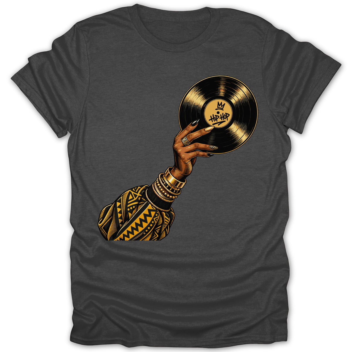 Illustration of a hand holding a vinyl record with "Hip-Hop" text.