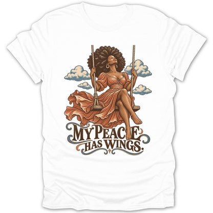 Illustration of a woman on a swing with clouds and text "My peace has wings."
