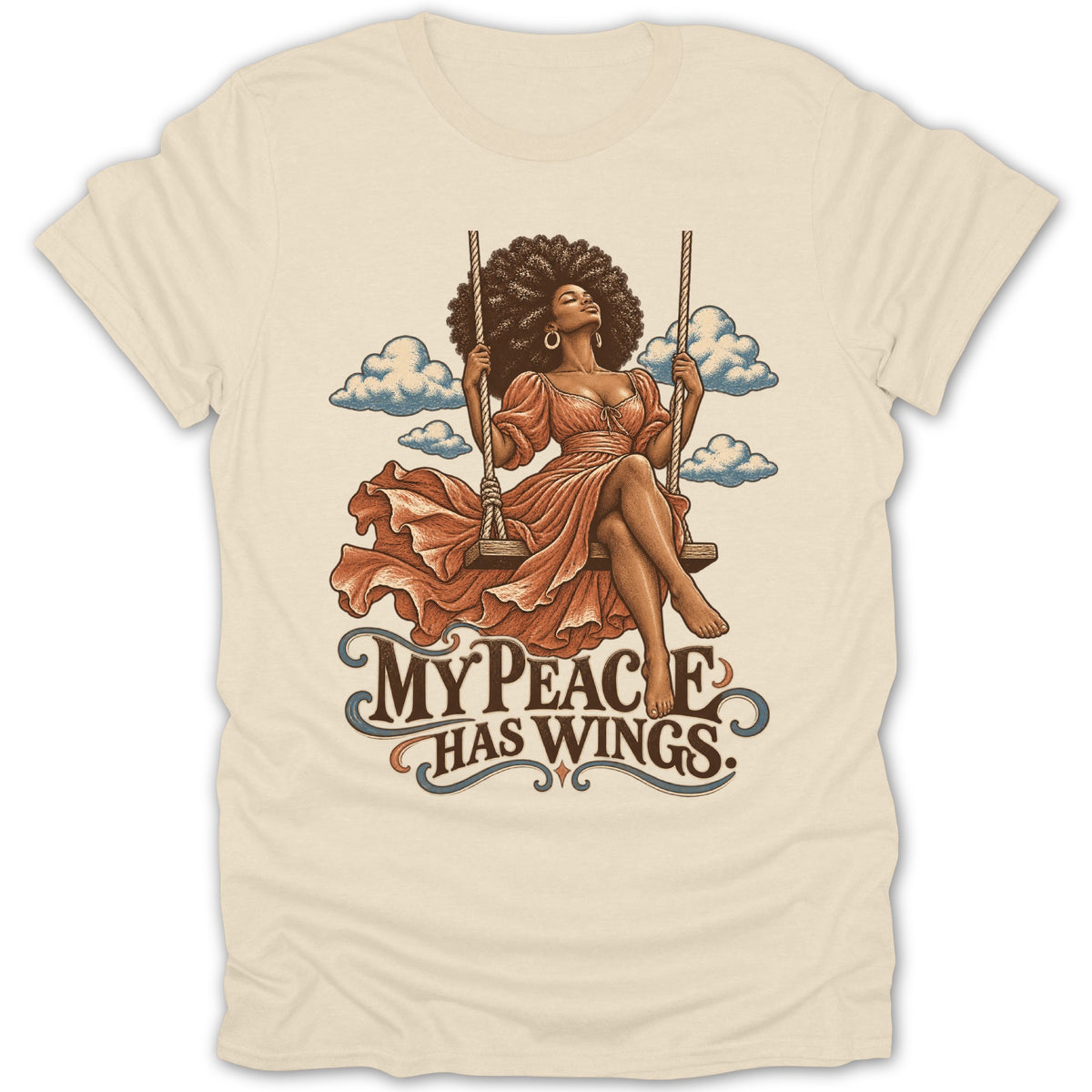Woman with afro on swing with clouds and text "My Peace Has Wings."