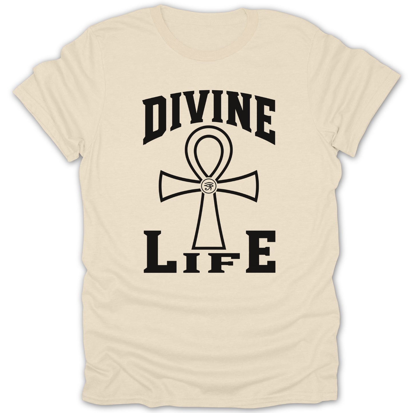 Cream t-shirt with black text "DIVINE LIFE" and an ankh symbol.