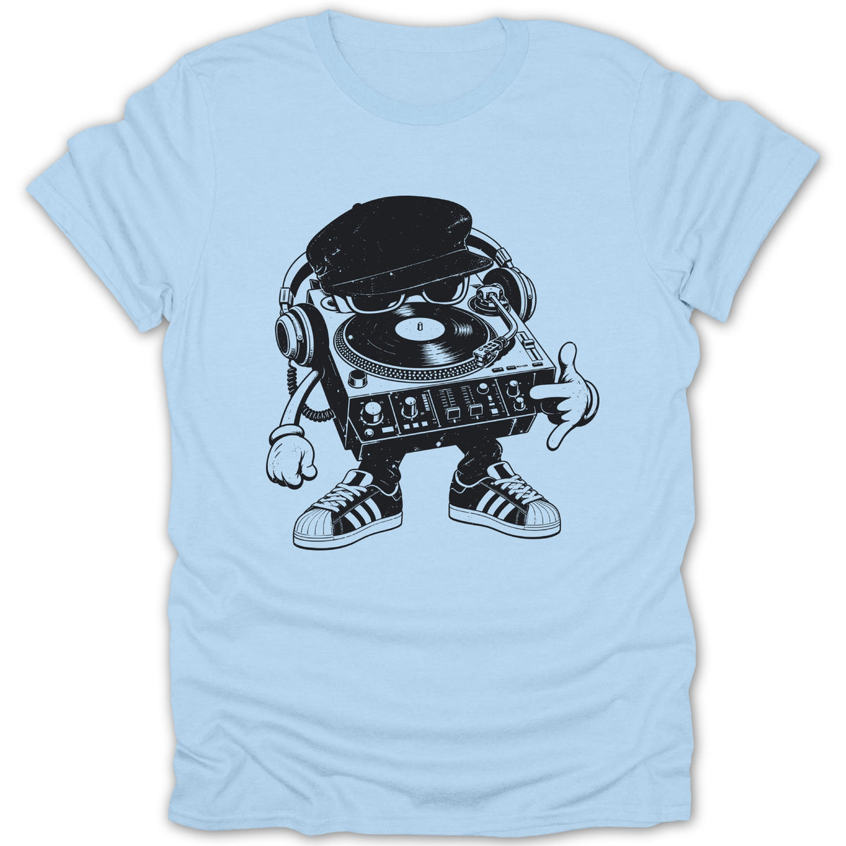 Turntable character with headphones, sunglasses, cap, and sneakers on light blue t-shirt.