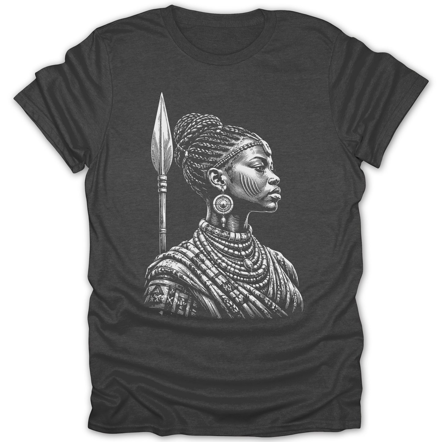 Charcoal t-shirt with a black and white illustration of an African woman with a spear.