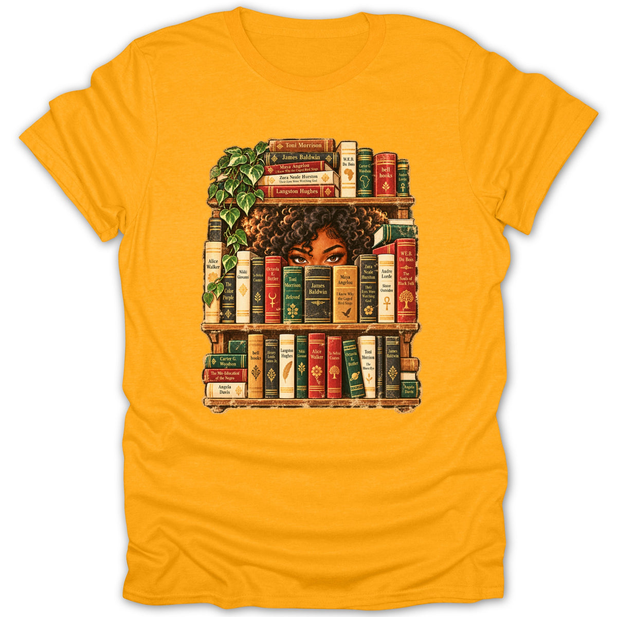 Woman's eyes peer from behind bookshelves filled with books by Black authors.