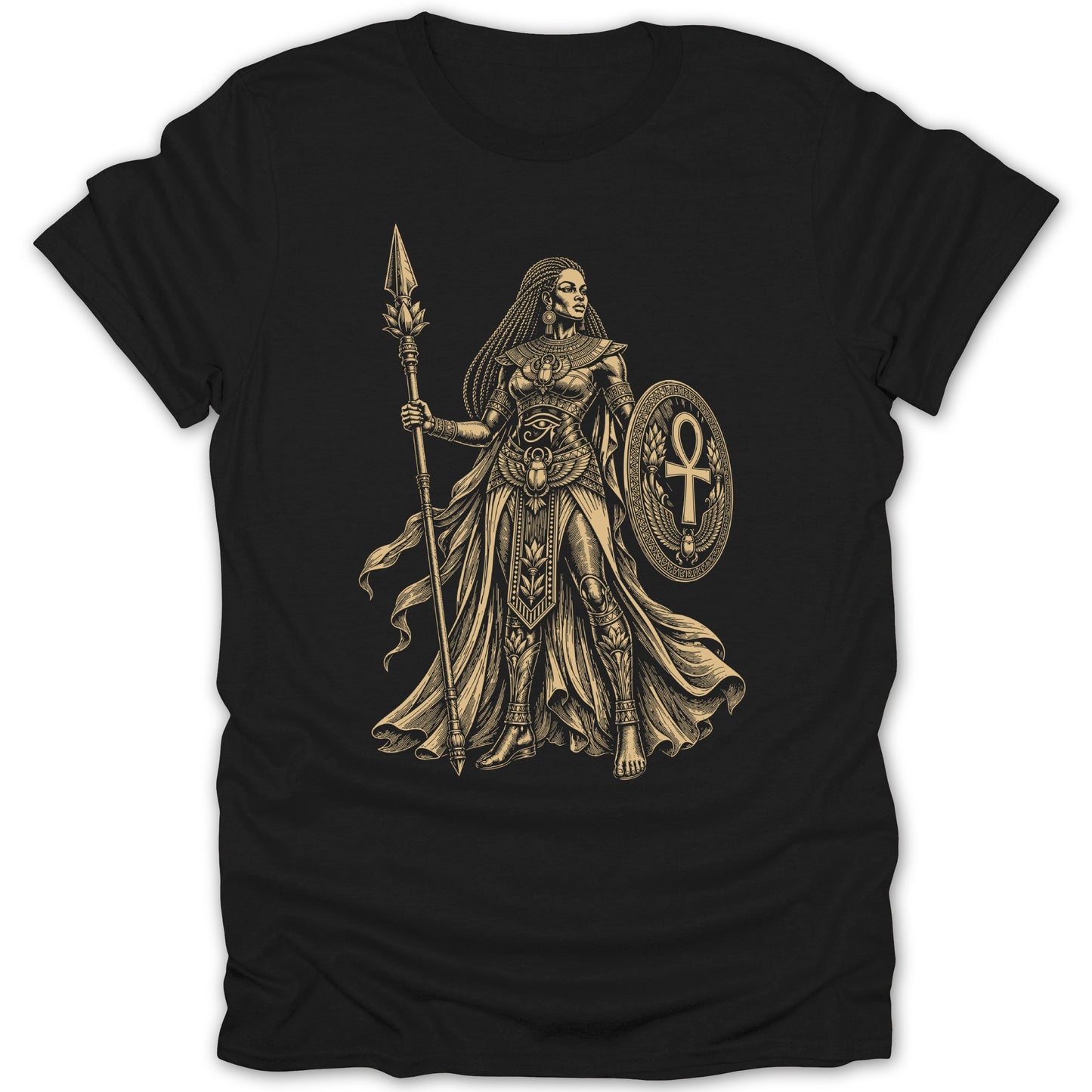 Black t-shirt with a golden Egyptian warrior woman graphic holding a spear and shield.